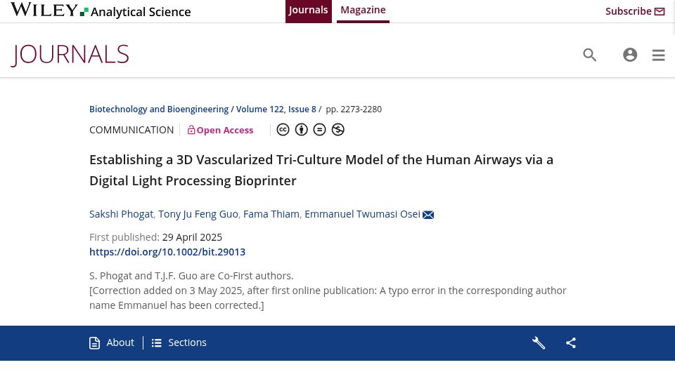 Screenshot of analyticalsciencejournals.onlinelibrary.wiley.com: A 3D model of the human airways via a digital light processing bioprinter