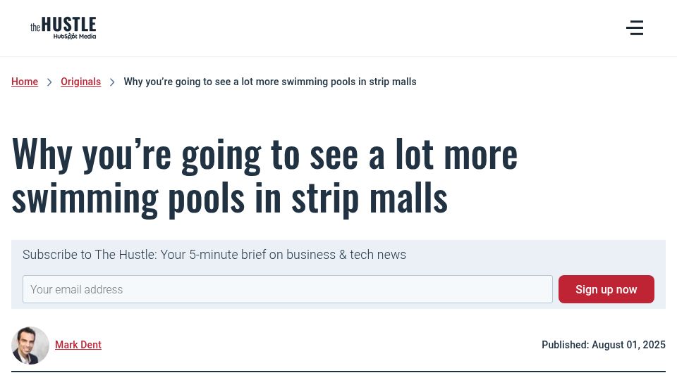 Screenshot of thehustle.co: Why you're going to see more swimming pools in strip malls