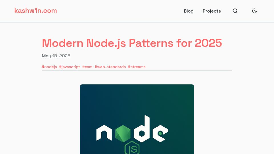 Screenshot of kashw1n.com: Modern Node.js Patterns