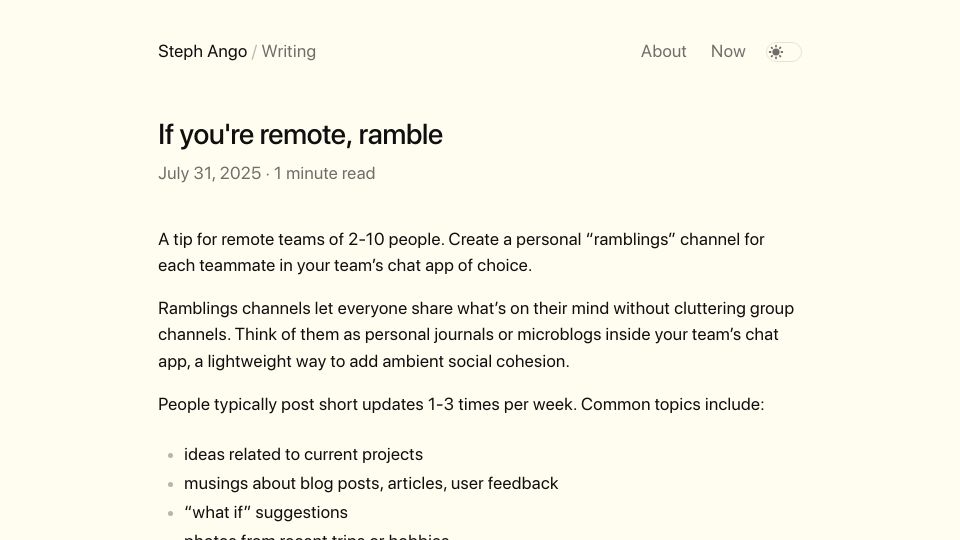 Screenshot of stephango.com: If you're remote, ramble