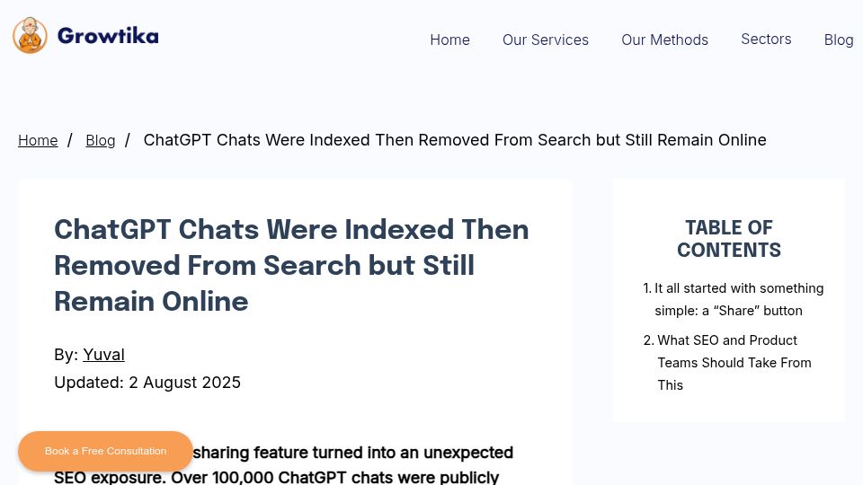 Screenshot of growtika.com: ChatGPT chats were indexed then removed from search but still remain online