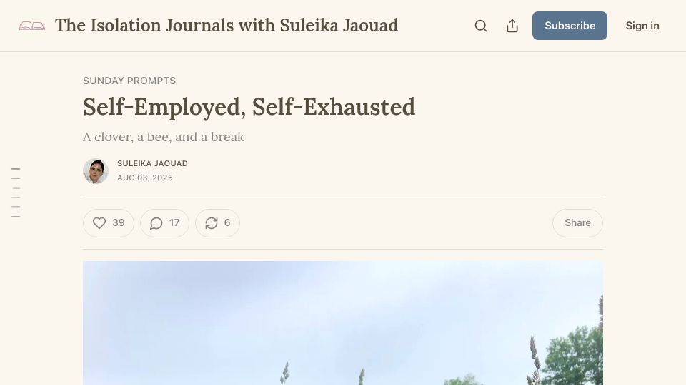 Screenshot of theisolationjournals.substack.com: Self-employed, self-exhausted