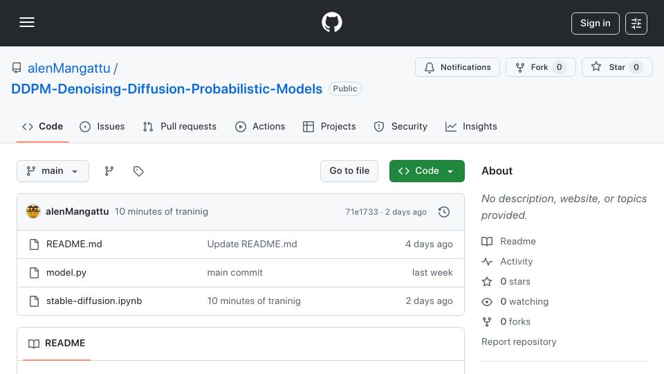 Screenshot of github.com: Show HN: Implementation of DDPM (Denoising Diffusion Probabilistic Models)
