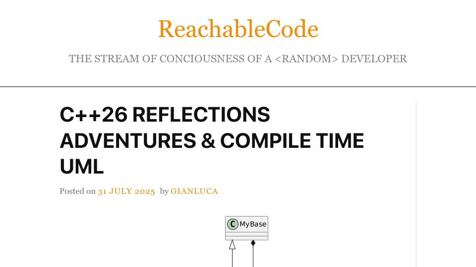 Screenshot of reachablecode.com: C++26 Reflections adventures and compile-time UML