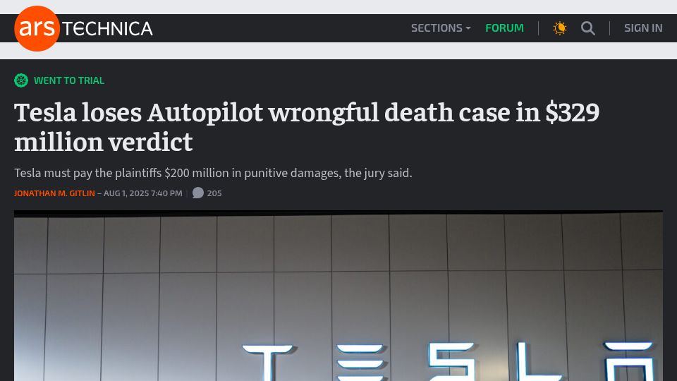 Screenshot of arstechnica.com: Tesla loses Autopilot wrongful death case in $329M verdict
