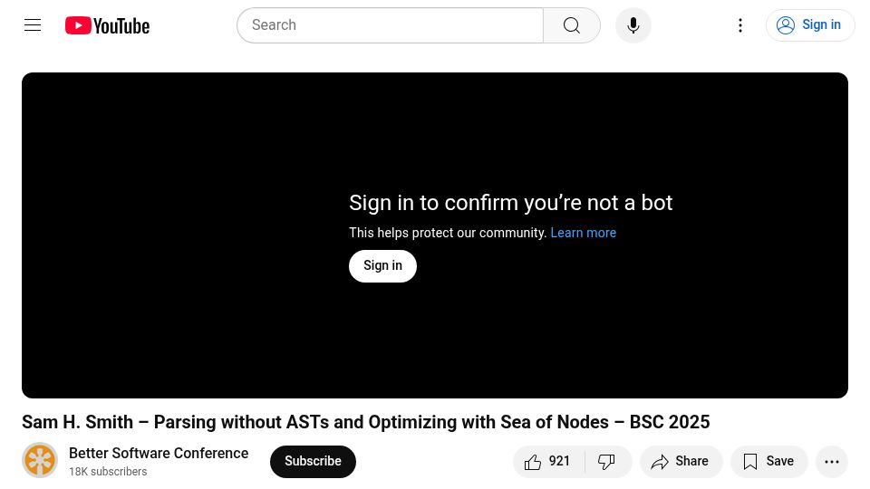 Screenshot of youtube.com: Parsing without ASTs and Optimizing with Sea of Nodes  [video]