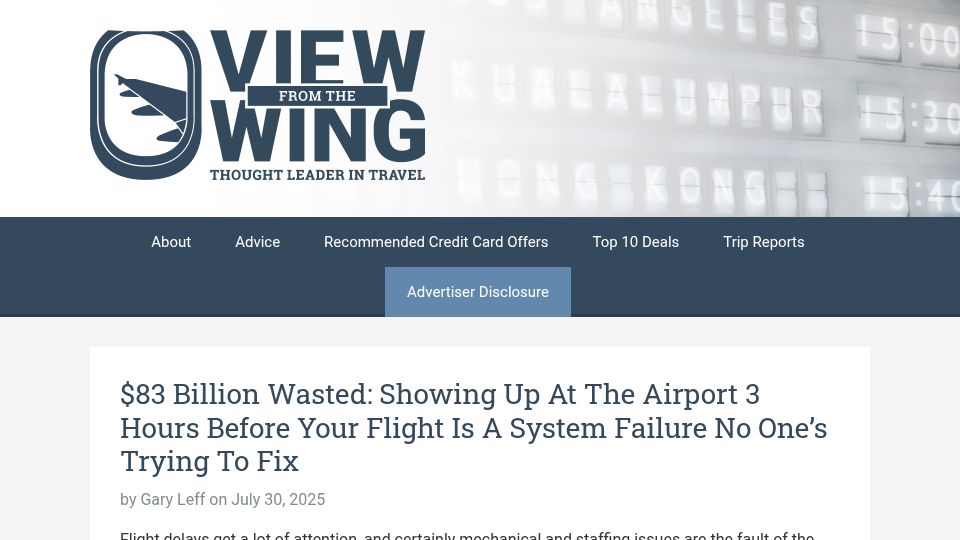 Screenshot of viewfromthewing.com: $83B Wasted: Showing Up at the Airport 3 Hours Before Your Flight