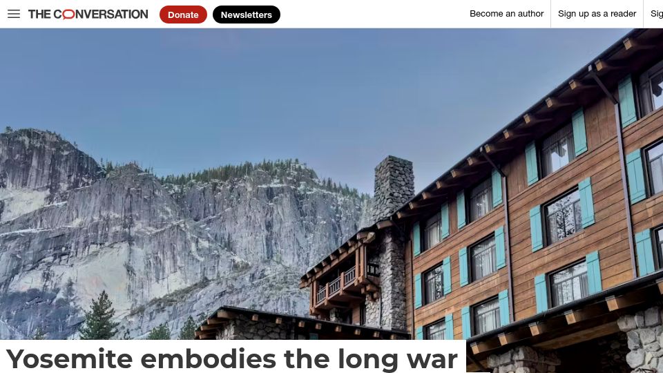 Screenshot of theconversation.com: Yosemite embodies the long war over US national park privatization