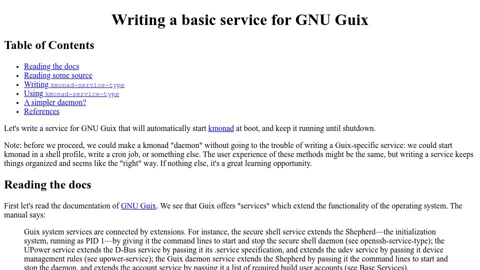 Screenshot of tannerhoelzel.com: Writing a basic service for GNU Guix