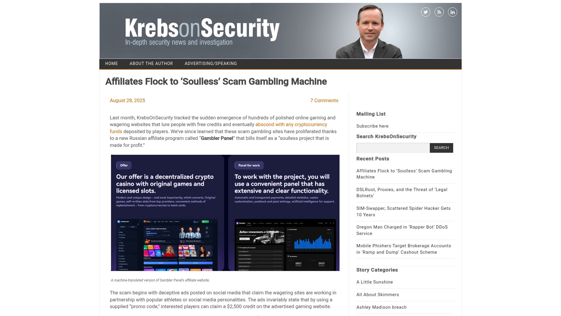 Screenshot of krebsonsecurity.com: Affiliates flock to scam gambling machine