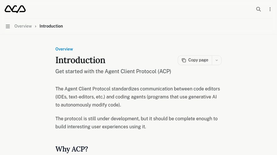 Screenshot of agentclientprotocol.com: Agent Client Protocol (ACP)