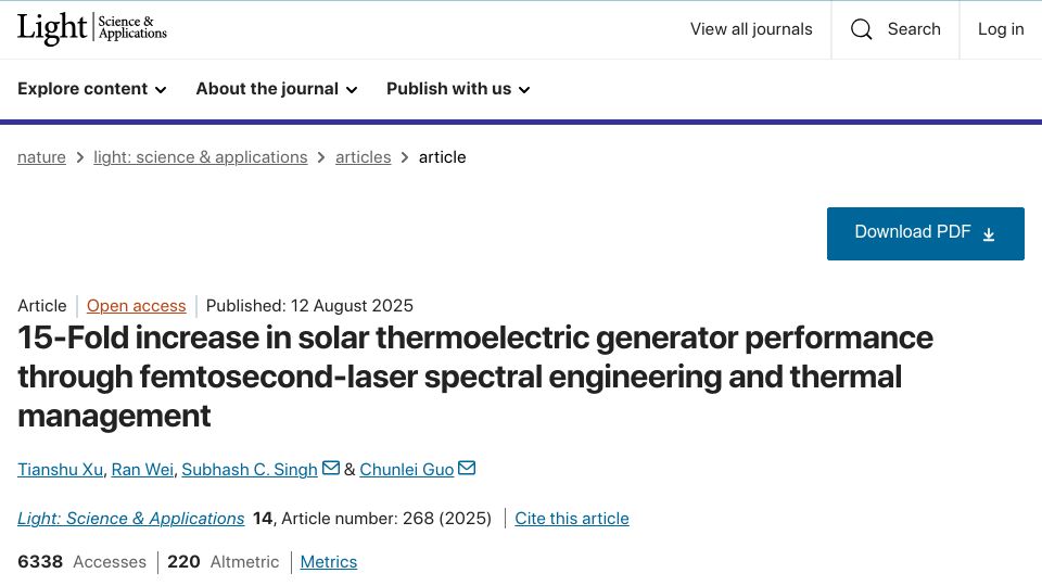 Screenshot of nature.com: 15-Fold increase in solar thermoelectric generator performance