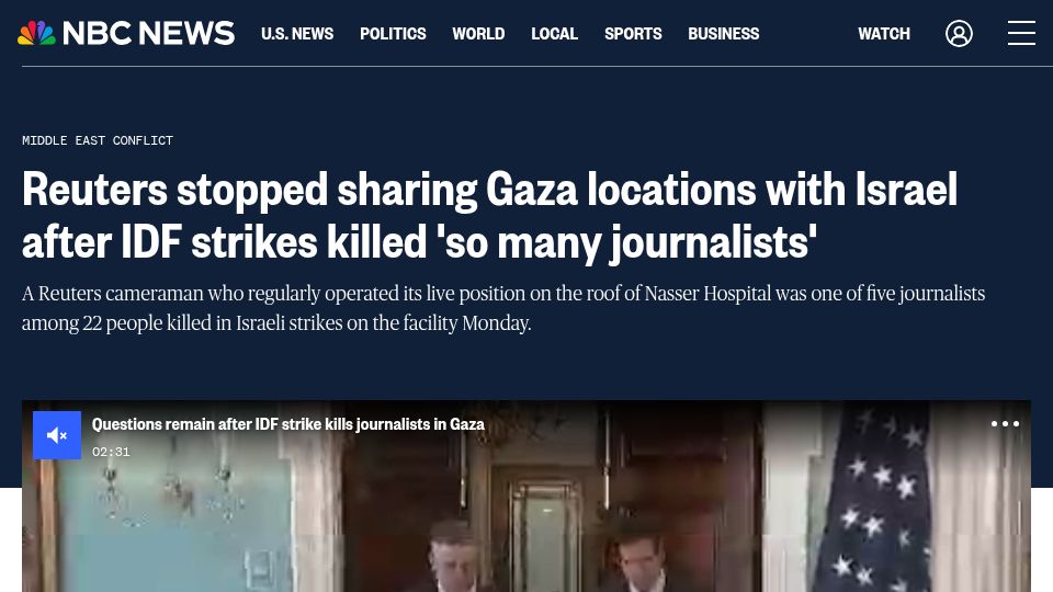 Screenshot of nbcnews.com: Reuters stopped sharing Gaza locations after IDF strikes killed many journalists