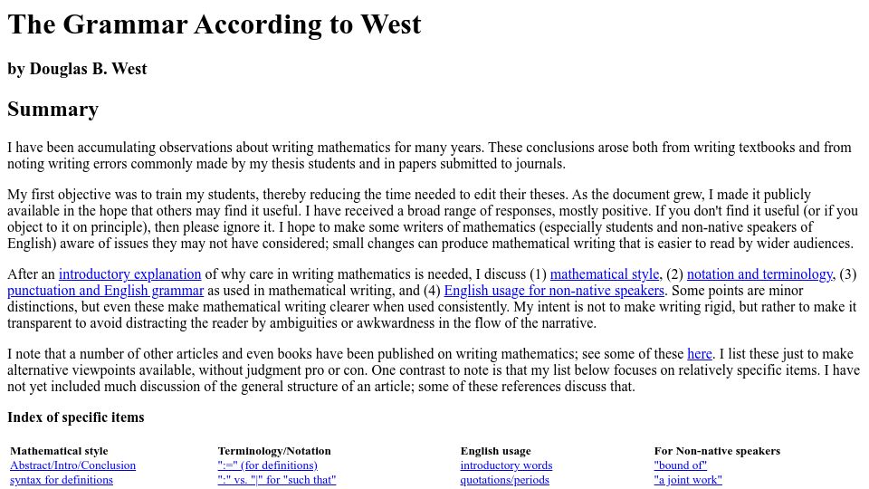 Screenshot of dwest.web.illinois.edu: The Grammar According to West