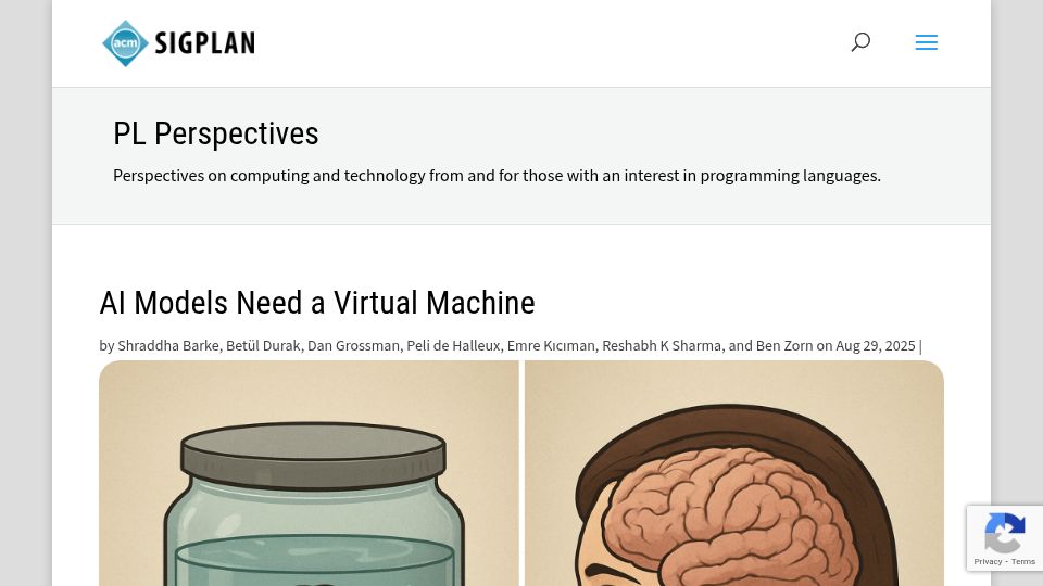 Screenshot of blog.sigplan.org: AI models need a virtual machine