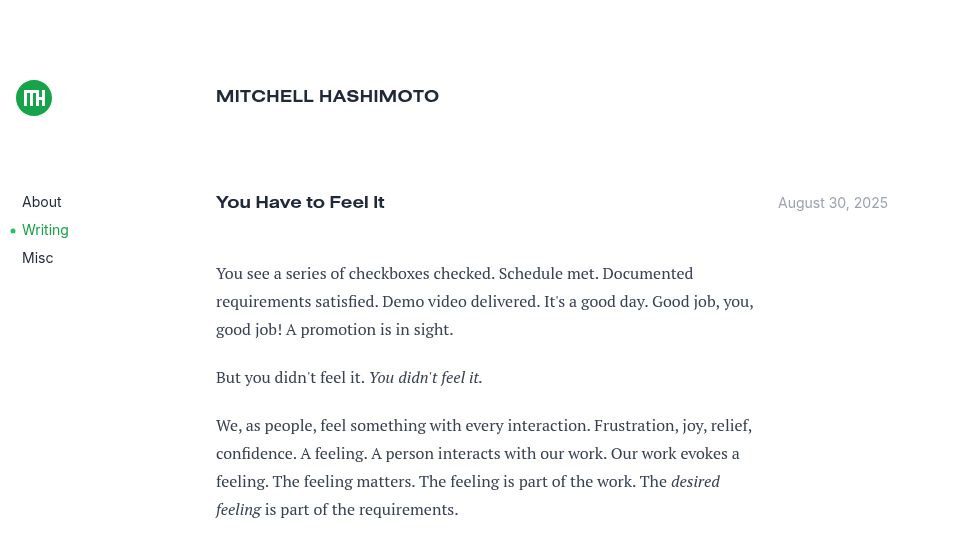 Screenshot of mitchellh.com: You Have to Feel It