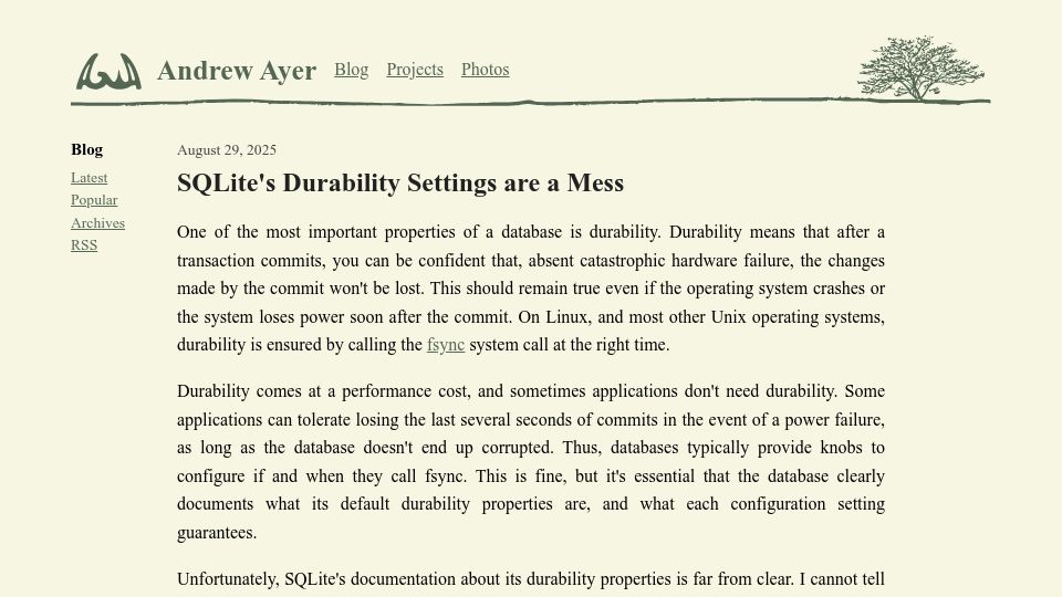 Screenshot of agwa.name: SQLite's documentation about its durability properties is unclear