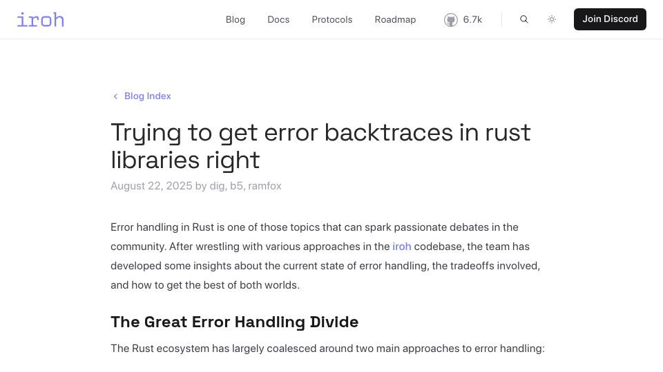 Screenshot of iroh.computer: Trying to get error backtraces in Rust libraries right