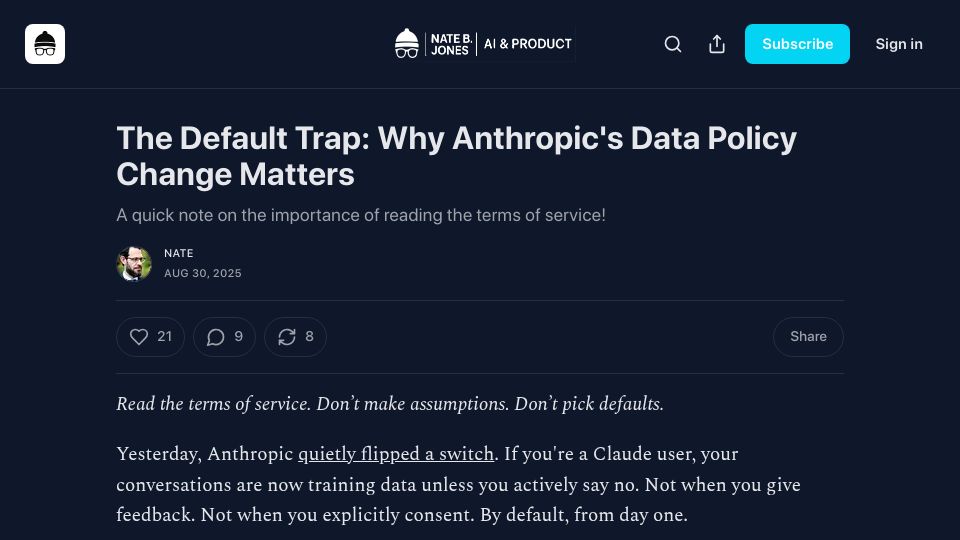 Screenshot of natesnewsletter.substack.com: The Default Trap: Why Anthropic's Data Policy Change Matters