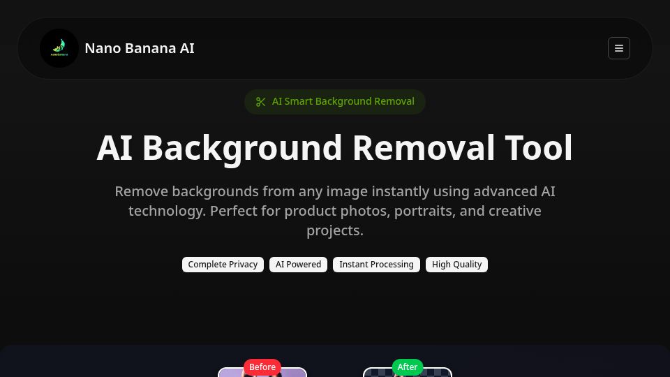Screenshot of nanobananas.site: Free AI Tool Removes Image Backgrounds in Seconds