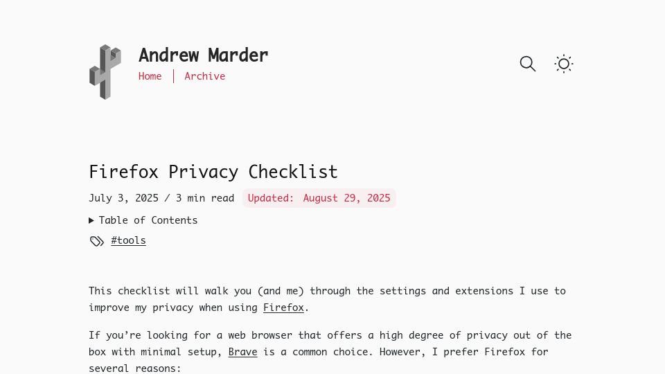 Screenshot of andrewmarder.net: Hardening Firefox – a checklist for improved browser privacy
