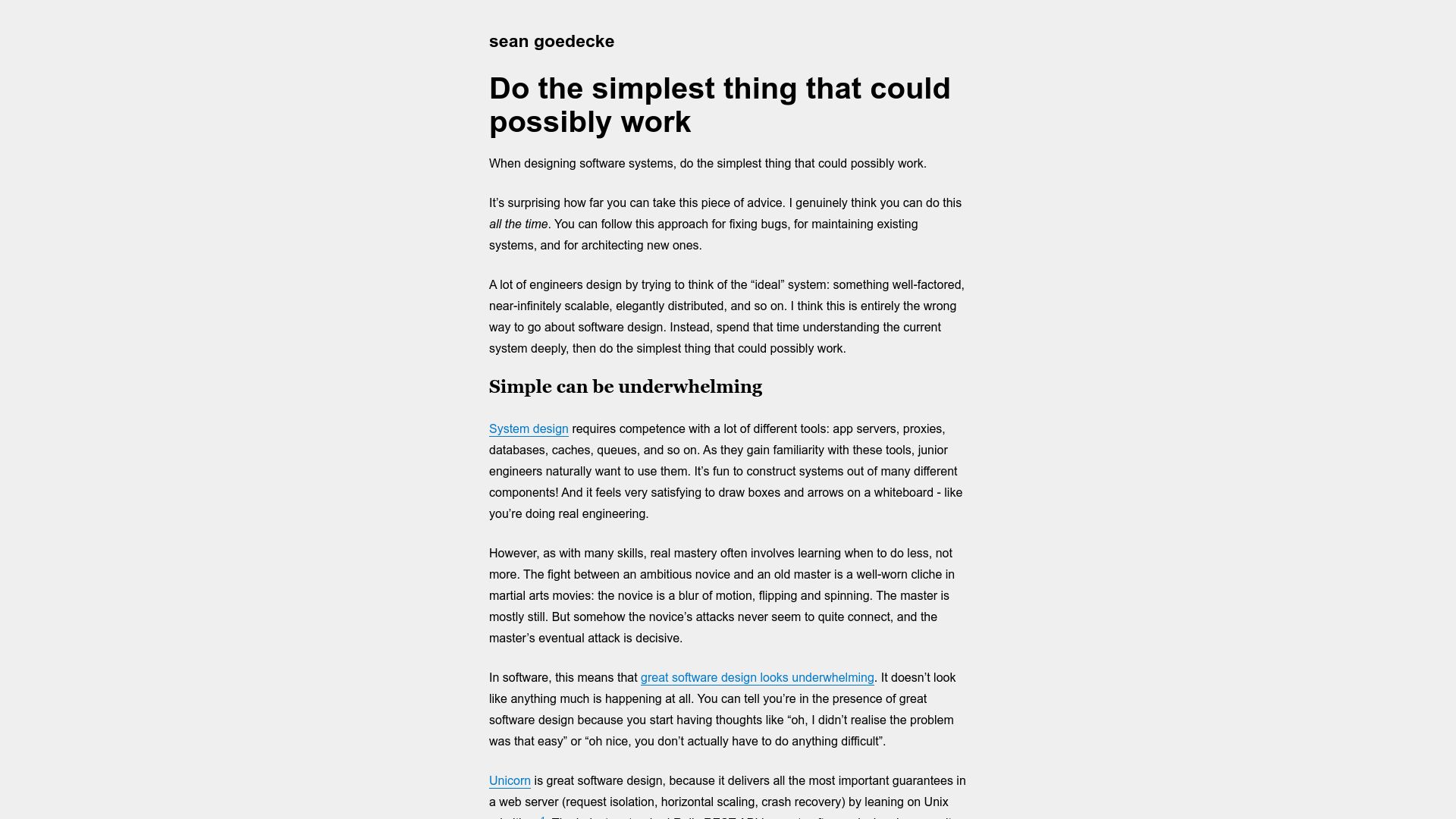 Screenshot of seangoedecke.com: Do the simplest thing that could possibly work