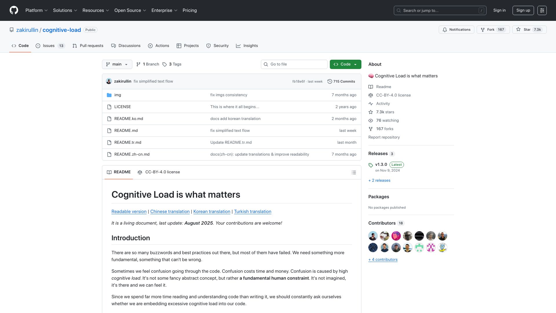Screenshot of github.com: Cognitive load is what matters