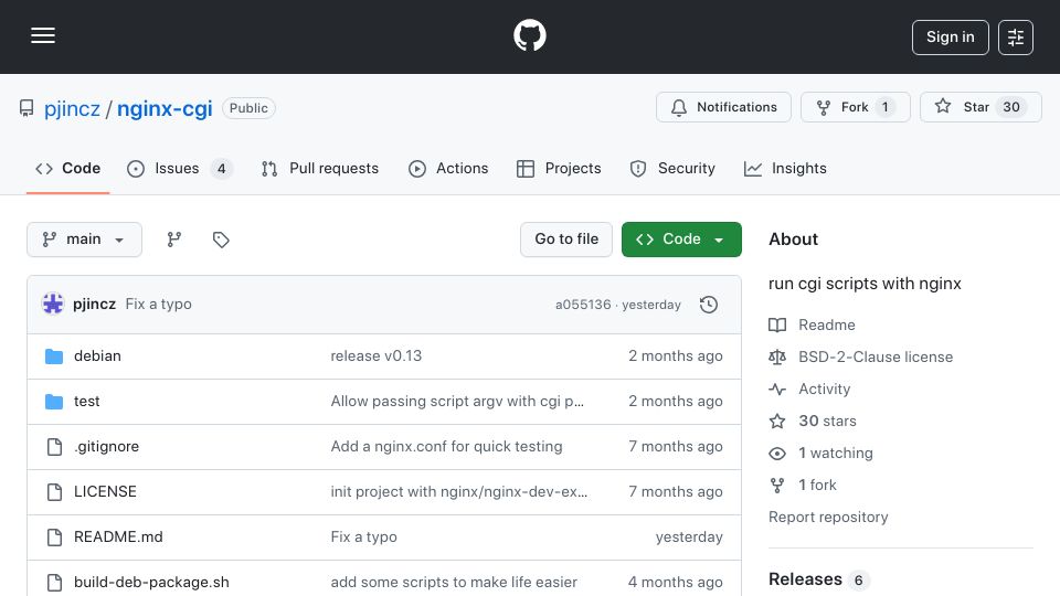 Screenshot of github.com: Nginx-CGI brings support for CGI to Nginx and angie