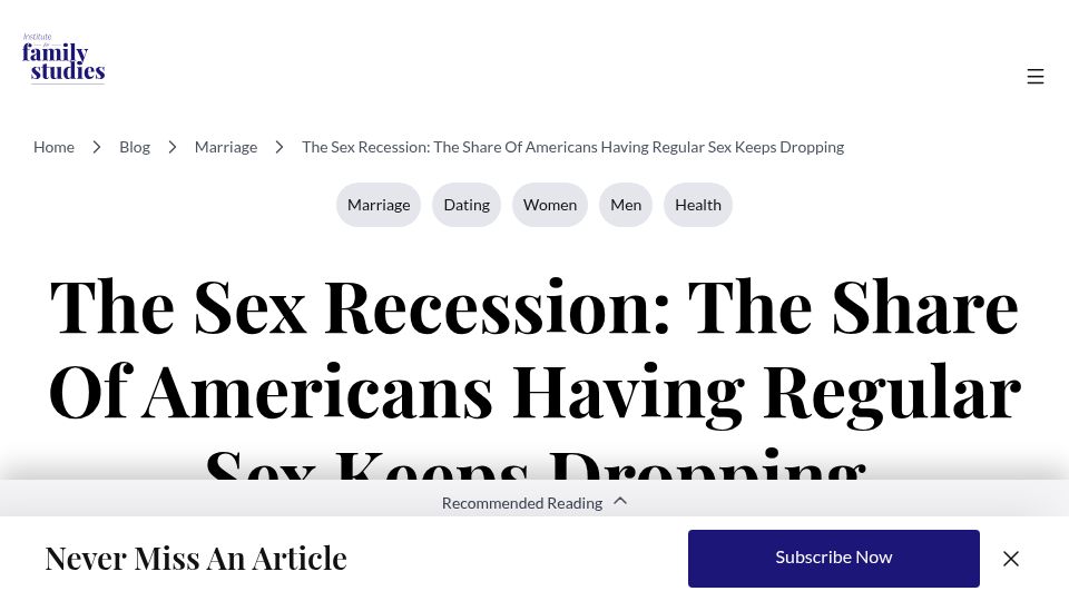 Screenshot of ifstudies.org: The Sex Recession: The Share of Americans Having Regular Sex Keeps Dropping