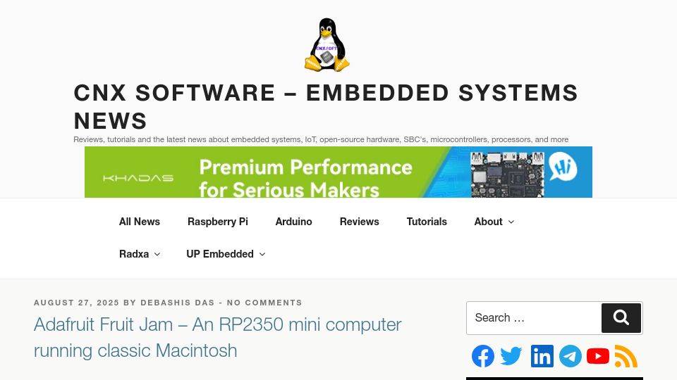 Screenshot of cnx-software.com: Adafruit Fruit Jam – An RP2350 mini computer running classic Macintosh