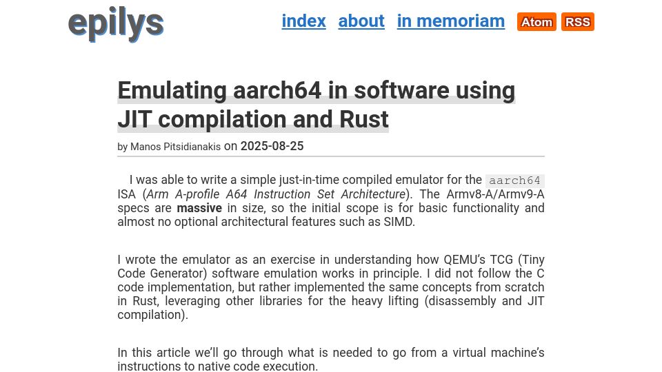 Screenshot of pitsidianak.is: Emulating aarch64 in software using JIT compilation and Rust