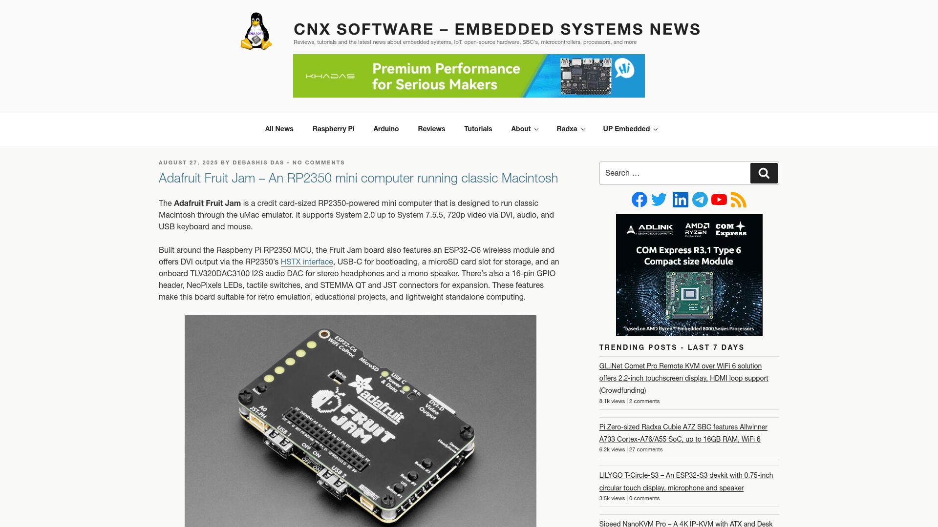 Screenshot of cnx-software.com: Adafruit Fruit Jam – An RP2350 mini computer running classic Macintosh
