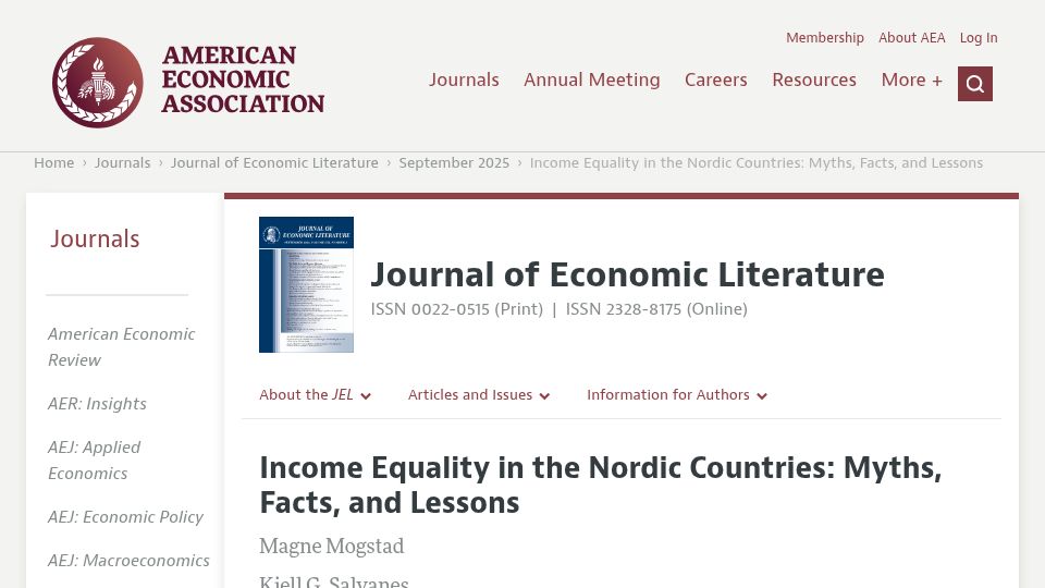 Screenshot of aeaweb.org: Income Equality in Nordic Countries: Myths, Facts, and Lessons