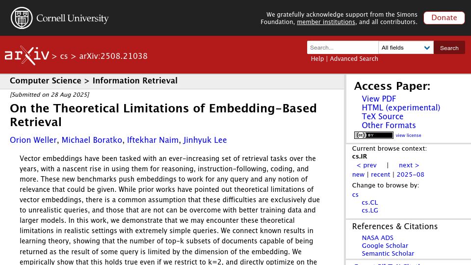 Screenshot of arxiv.org: The Theoretical Limitations of Embedding-Based Retrieval