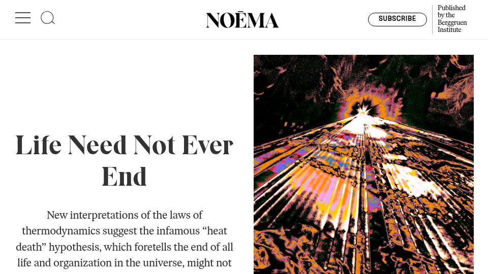 Screenshot of noemamag.com: New interpretations suggest the "heat death" hypothesis might not hold (2023)