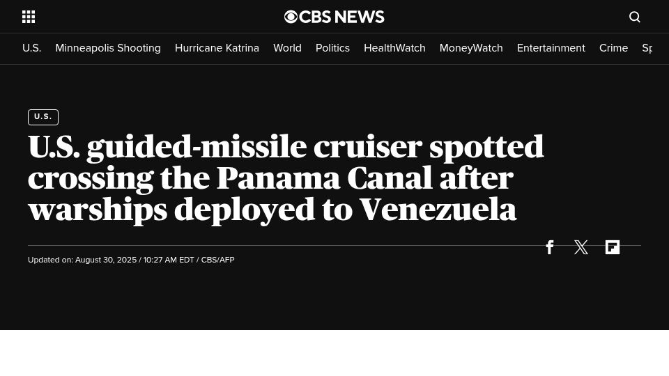 Screenshot of cbsnews.com: U.S. guided-missile cruiser crosses Panama Canal, warships deployed to Venezuela