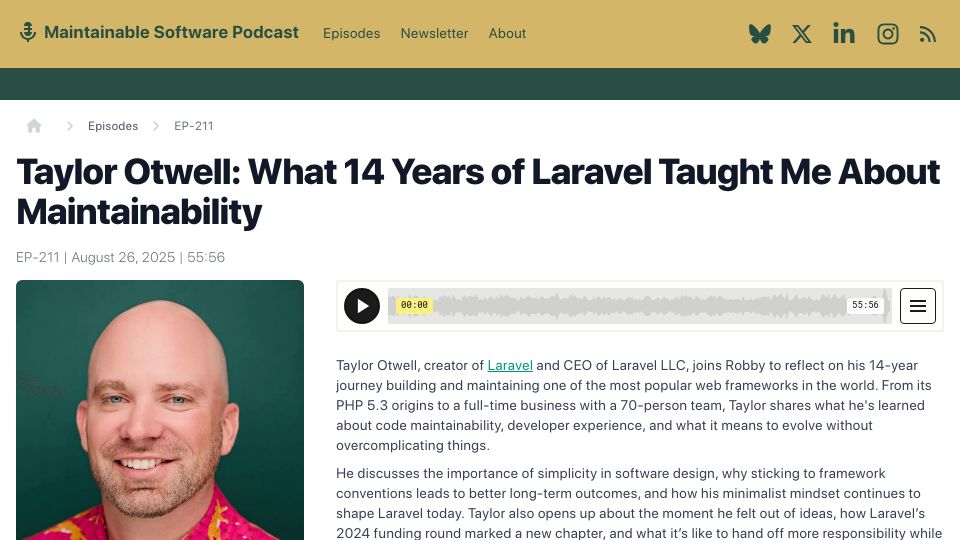 Screenshot of maintainable.fm: Taylor Otwell: What 14 Years of Laravel Taught Me About Maintainability