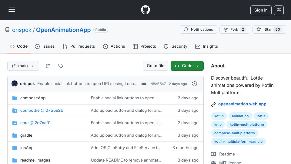 Screenshot of github.com: Show HN: OpenAnimation – KMP app for exploring and editing Lottie animations