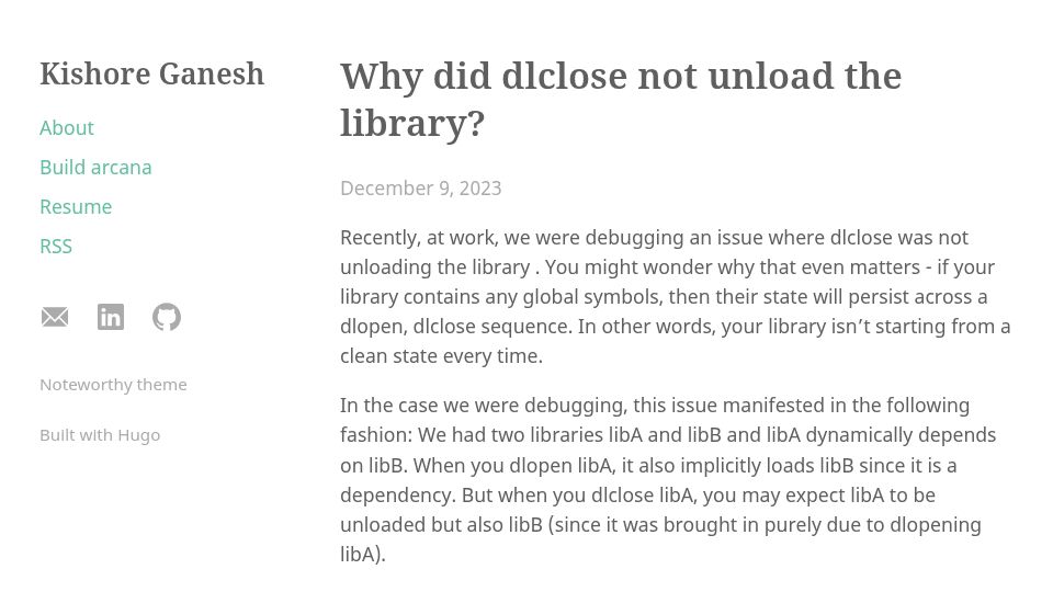Screenshot of kishoreganesh.com: Why did dlclose not unload the library? (2023)