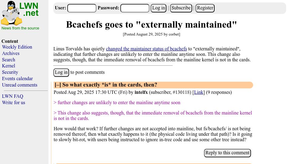 Screenshot of lwn.net: Bcachefs Goes to "Externally Maintained"