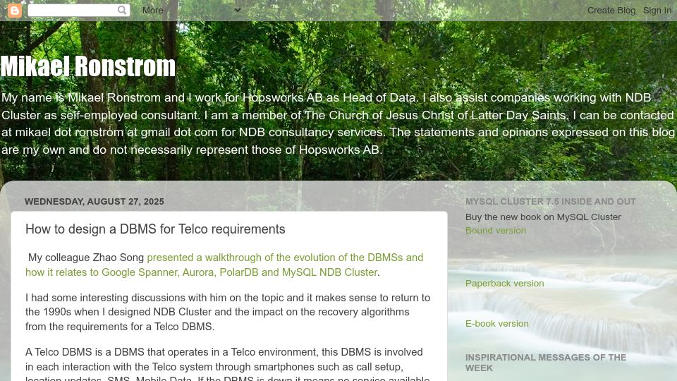 Screenshot of mikaelronstrom.blogspot.com: How to design a DBMS for Telco requirements