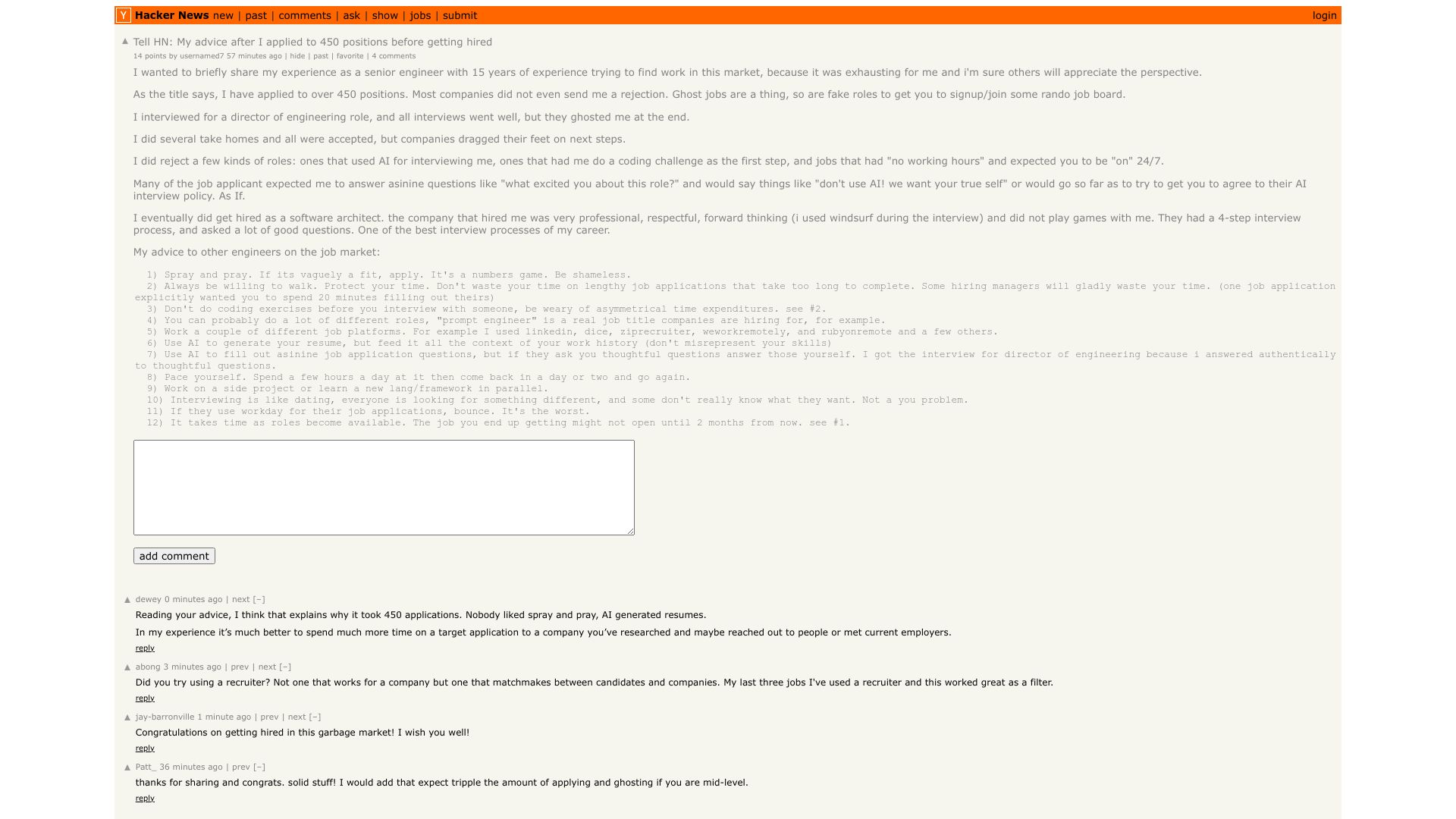 Screenshot of this Hacker News post: Tell HN: My advice after I applied to 450 positions before getting hired