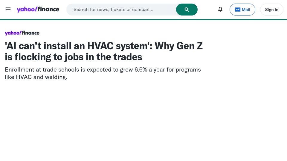 Screenshot of finance.yahoo.com: Enrollment at trade schools is expected to grow 6.6% a year
