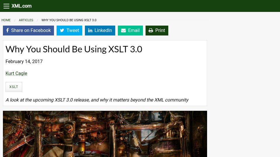 Screenshot of xml.com: A look at XSLT 3.0 (2017)