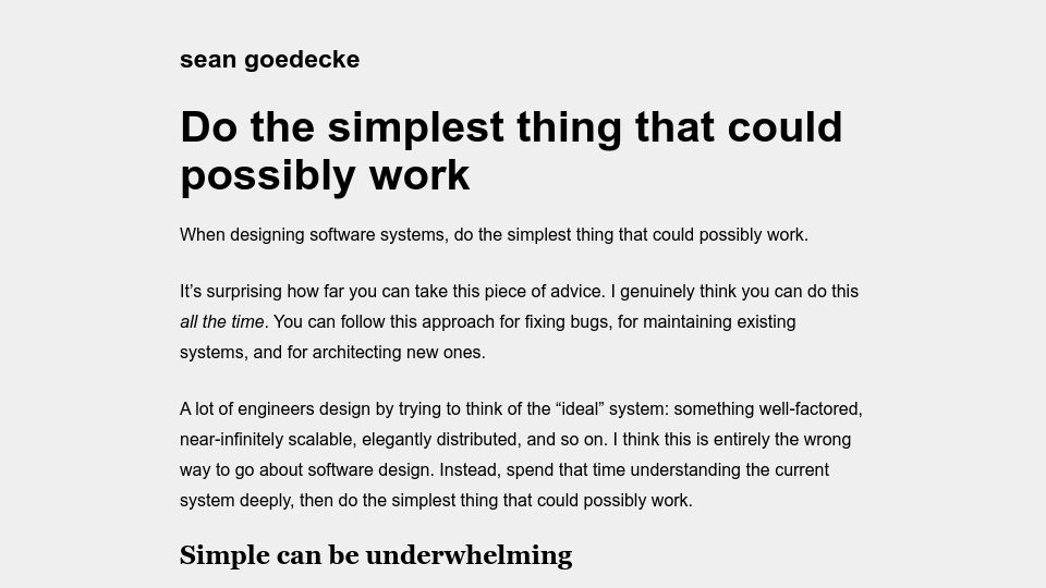 Screenshot of seangoedecke.com: Do the simplest thing that could possibly work
