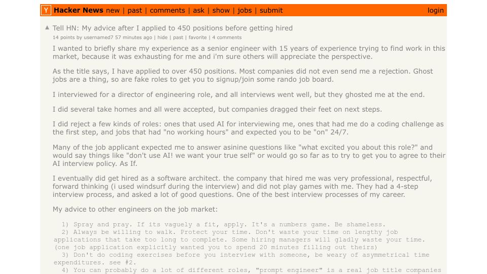 Screenshot of Hacker News post: Tell HN: My advice after I applied to 450 positions before getting hired