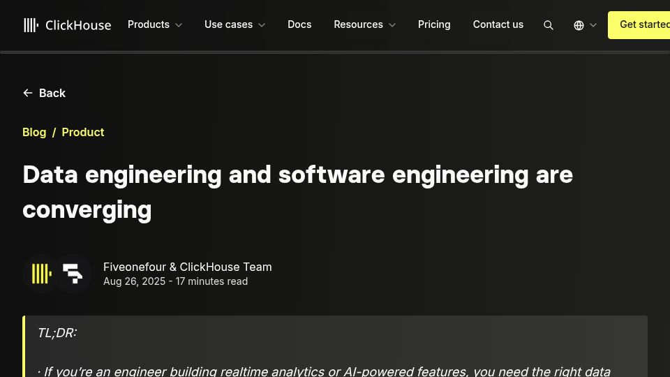 Screenshot of clickhouse.com: Data engineering and software engineering are converging