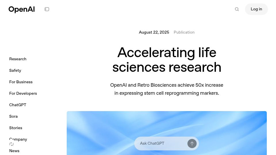 Screenshot of openai.com: Accelerating life sciences research