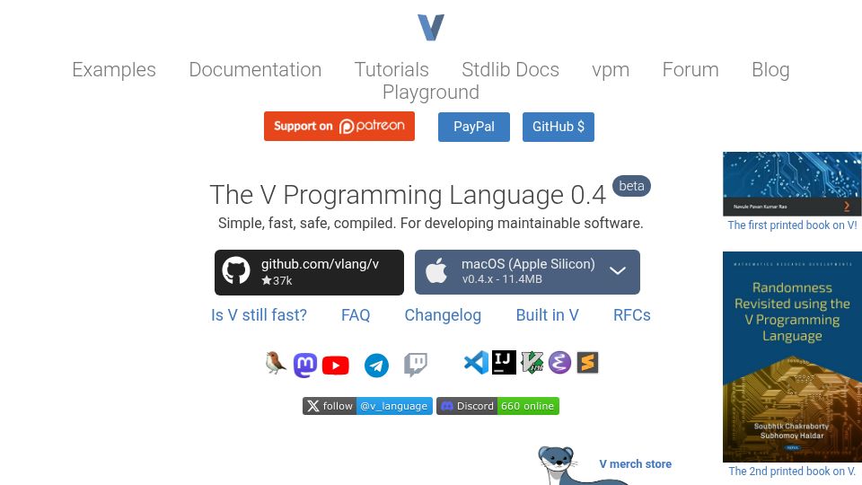Screenshot of vlang.io: The V Programming Language
