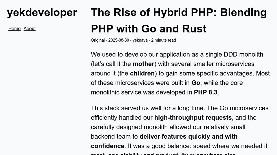 Screenshot of yekdeveloper.com: The Rise of Hybrid PHP: Blending PHP with Go and Rust